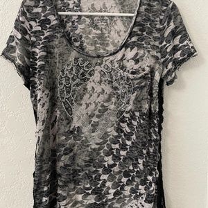 V Cristina Balck Distressed Beaded Heart Black + Grey Shirt